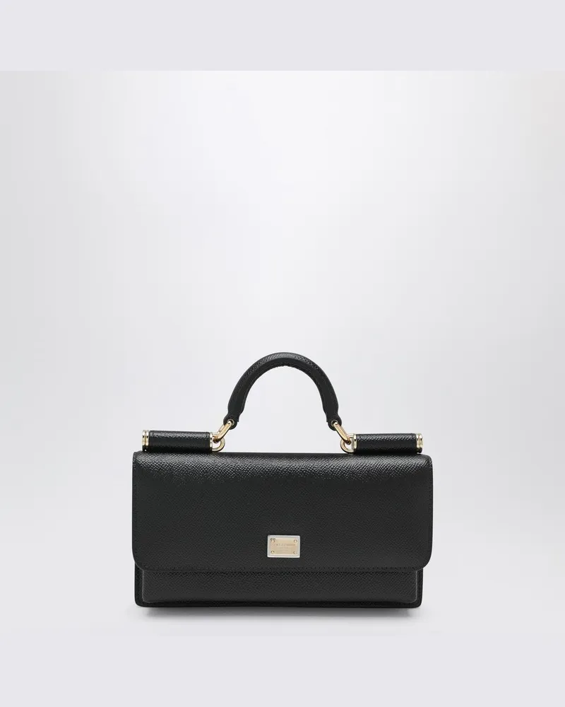 Dolce & Gabbana Mini Dauphine-Tasche aus schwarzem Leder mit Logo-Plakette Schwarz