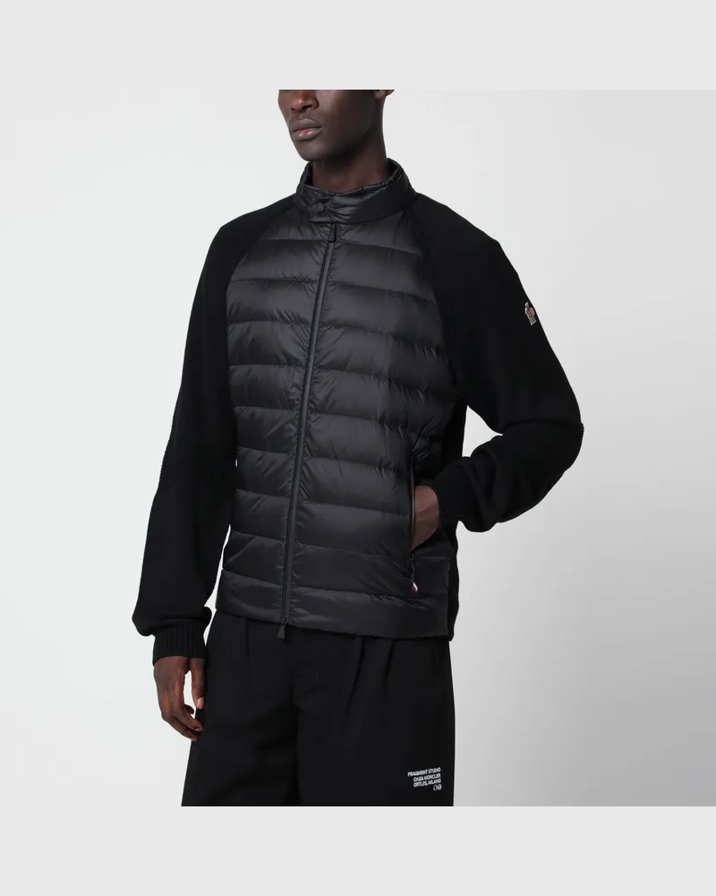 Moncler Schwarzer wattierter Cardigan mit Reißverschluss aus Wollmischung Black
