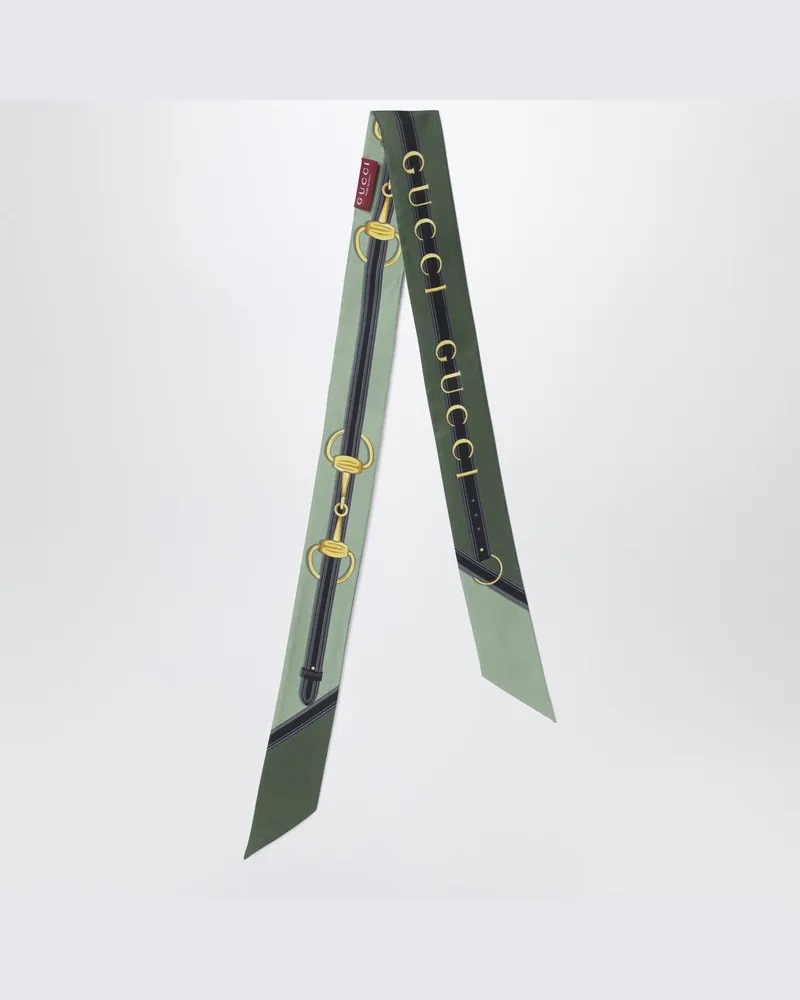 Gucci Grünes Seidentwill-Band mit Logo-Print Grau