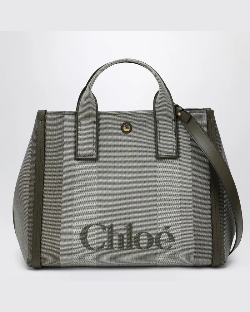 Chloé Carry Tote Bag aus dunkelgrün gestreiftem Canvas Blau