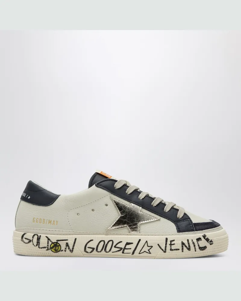 Golden Goose Weiße/blaue May Sneaker mit platinfarbener Stern-Applikation 