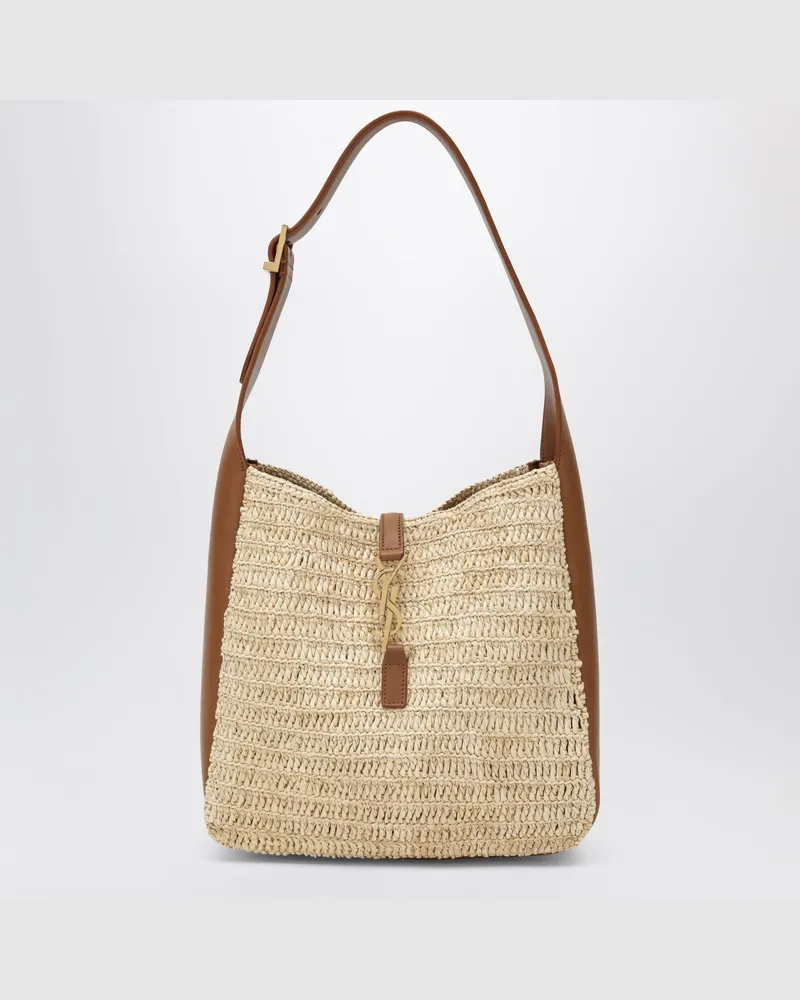 Saint Laurent Hobo-Bag Le 5 À 7 Small aus Raffia und Leder in Hellbraun Beige