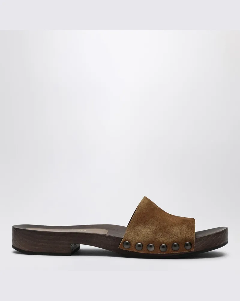 Miu Miu Zimtfarbene Wildlederclogs mit Logo Braun