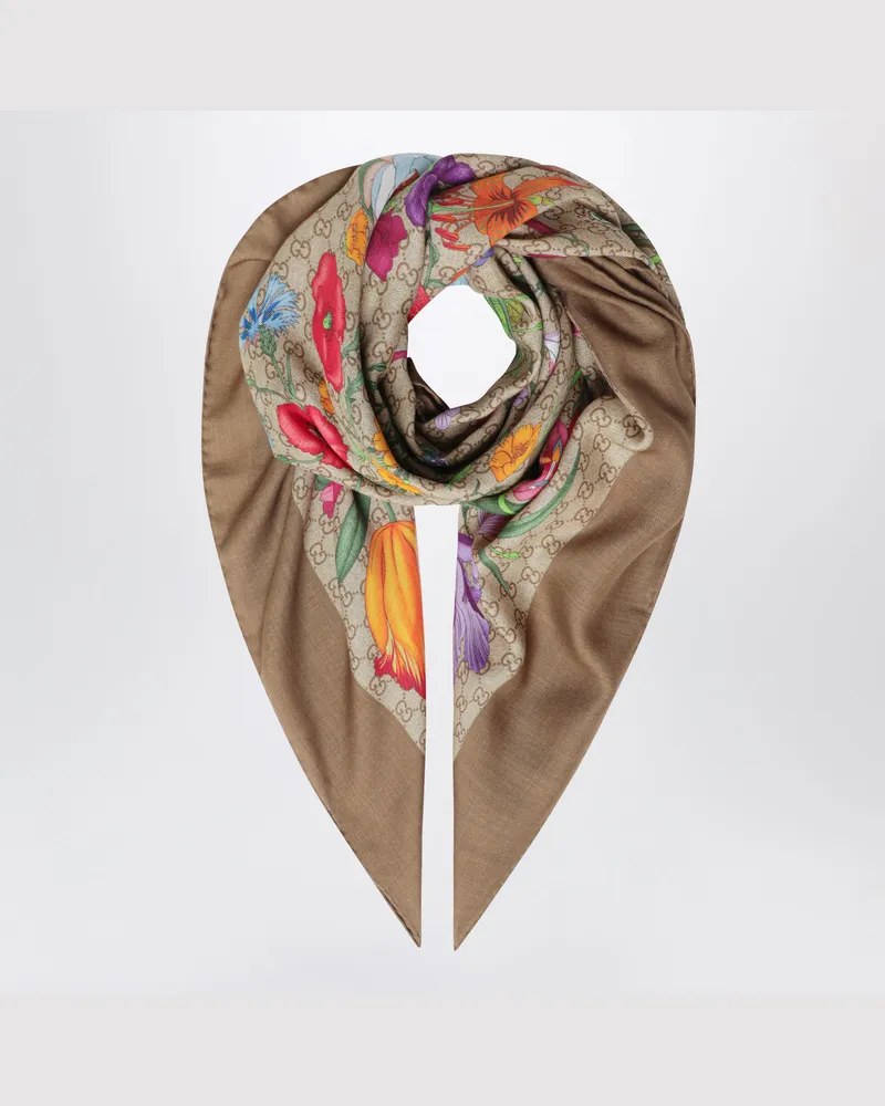 Gucci Schal aus Wolle und Seide mit GG-Print, hellbraun Multicolor