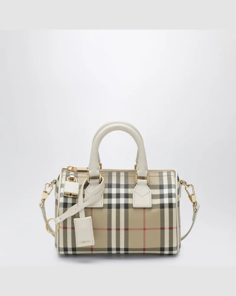Burberry Mini Bowlingtasche mit Check-Muster aus Baumwollmix, Beige Beige