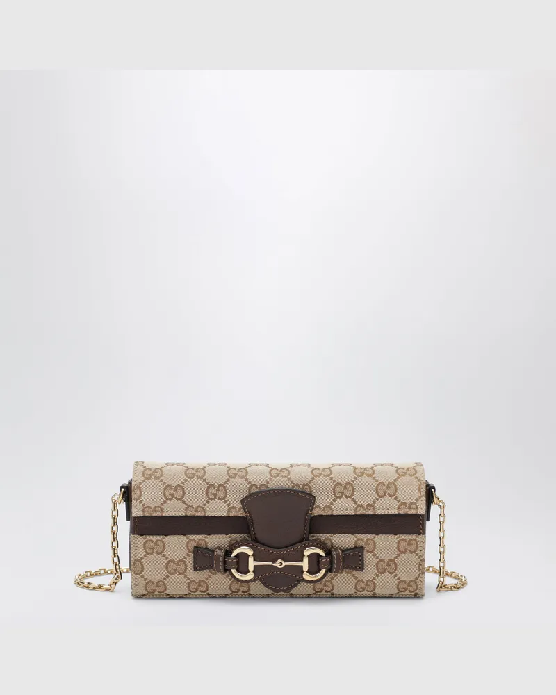Gucci Sand/dark brown GG fabric wallet on chain with Horsebit Beige