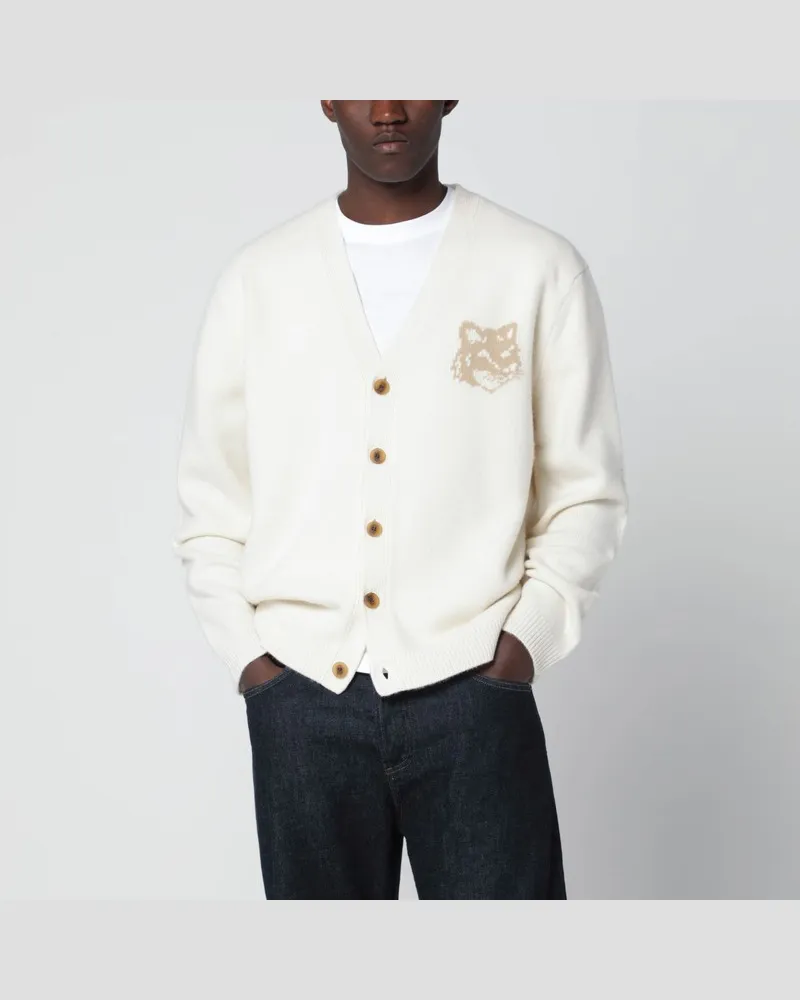 Kitsuné Ecrufarbener Cardigan aus Wolle mit Fuchs-Kopf-Intarsie Beige