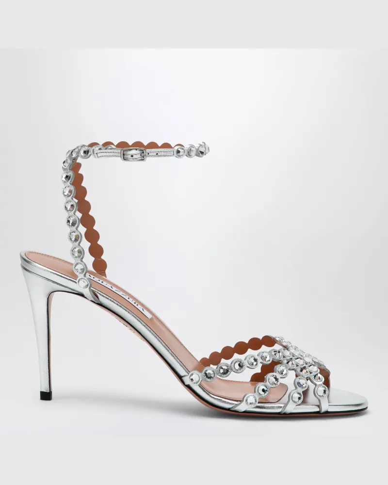 Aquazzura Tequila Sandalen in Silber aus Metallic-Leder mit Kristallen Metal