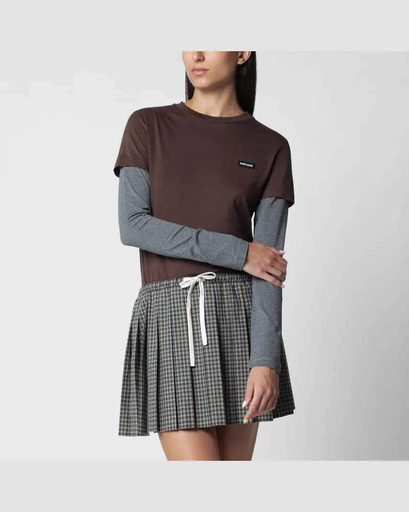 Miu Miu T-Shirt aus Baumwolljersey in Kakao/Anthrazit Brown