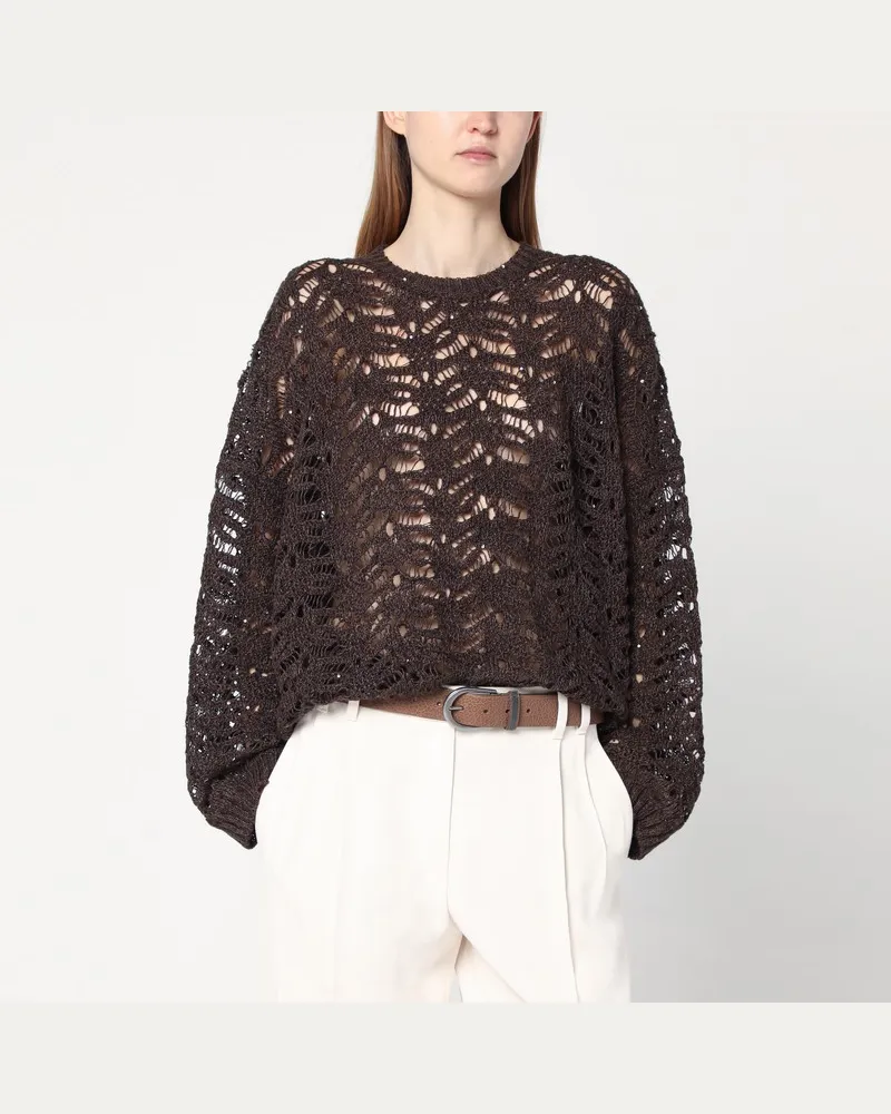 Brunello Cucinelli Brauner Lochstrickpullover mit Mikro-Pailletten Braun