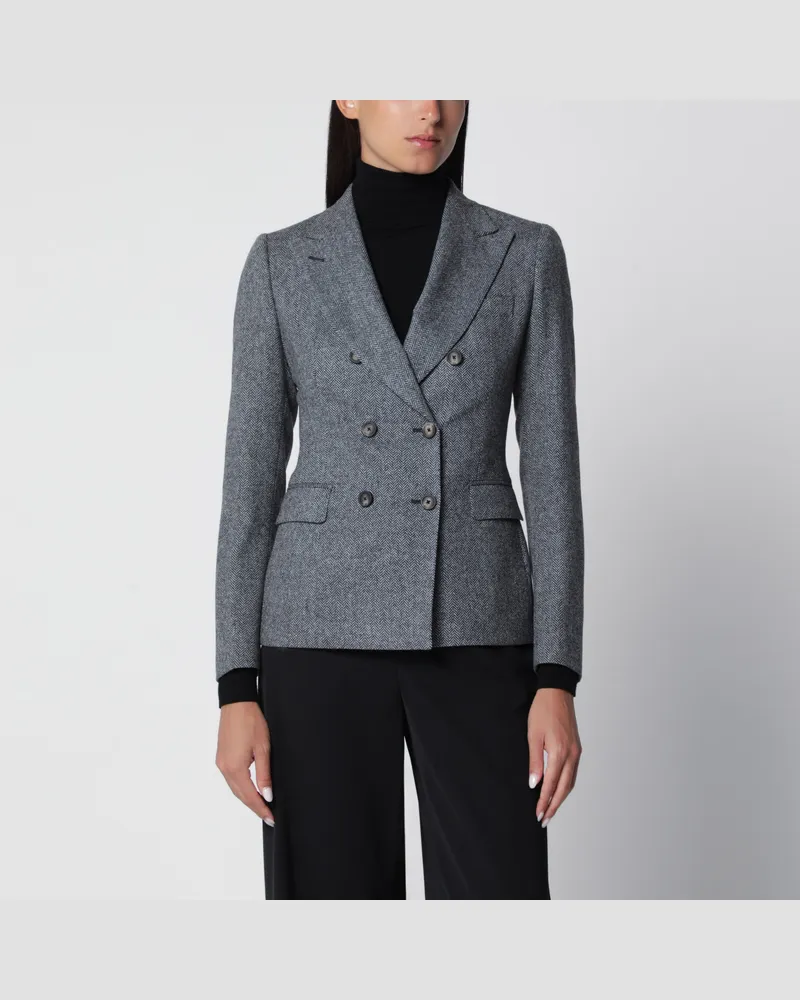 Tagliatore Doppelreihige schwarze Jacke mit Fischgrätmuster aus Wolle und Kaschmir Black