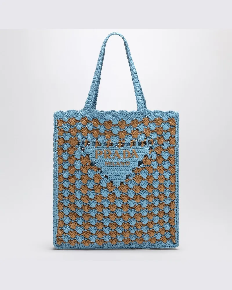Prada Häkeltasche in Himmelblau/Karamell mit Logo Mehrfarbig
