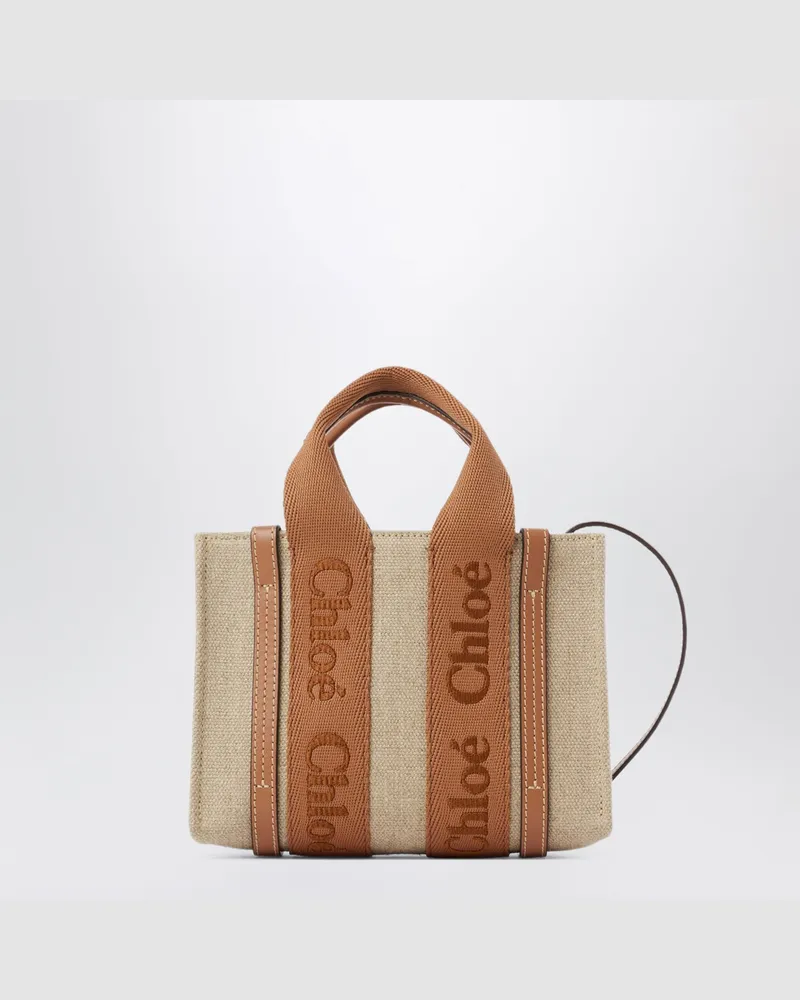 Chloé Kleine Woody Tote Bag aus Leinen Dusty Tan Beige
