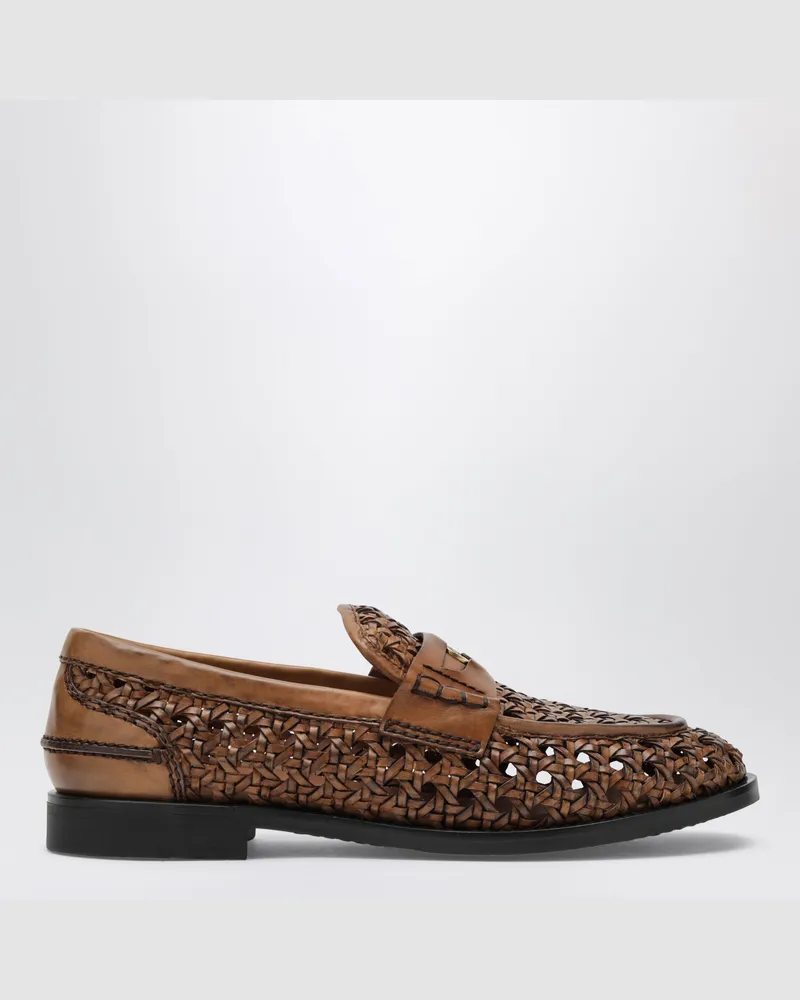Miu Miu Penny-Loafer aus geflochtenem Leder in Cognac Brown