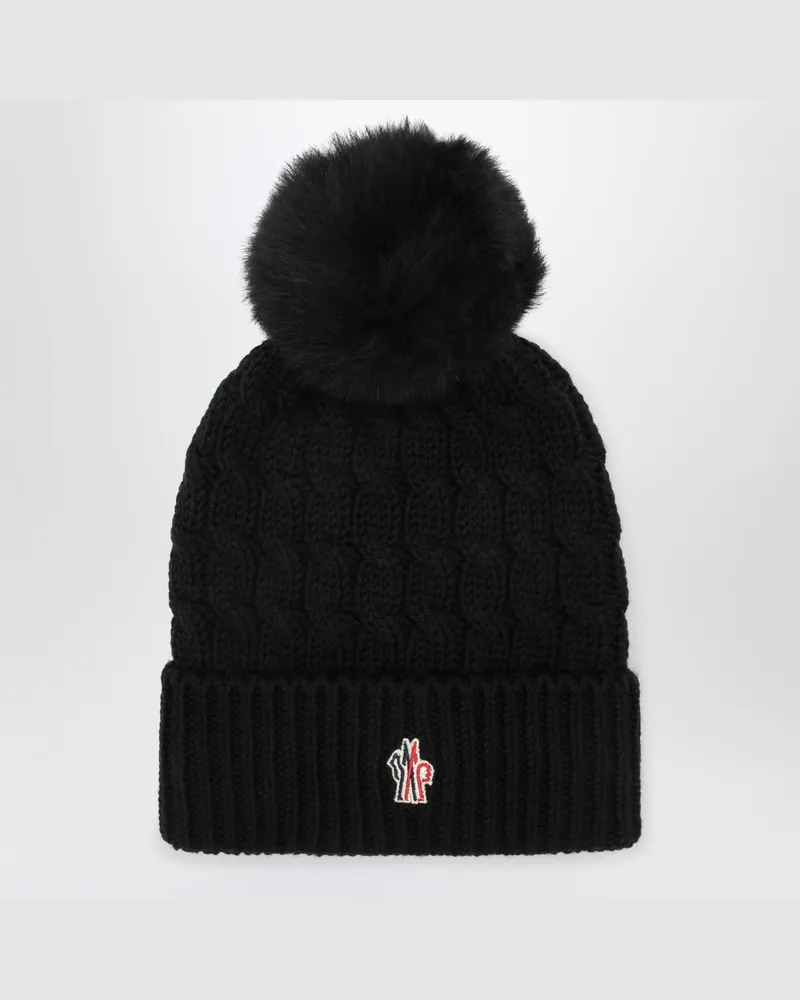 Moncler Schwarze Wollmütze mit Pompon Black