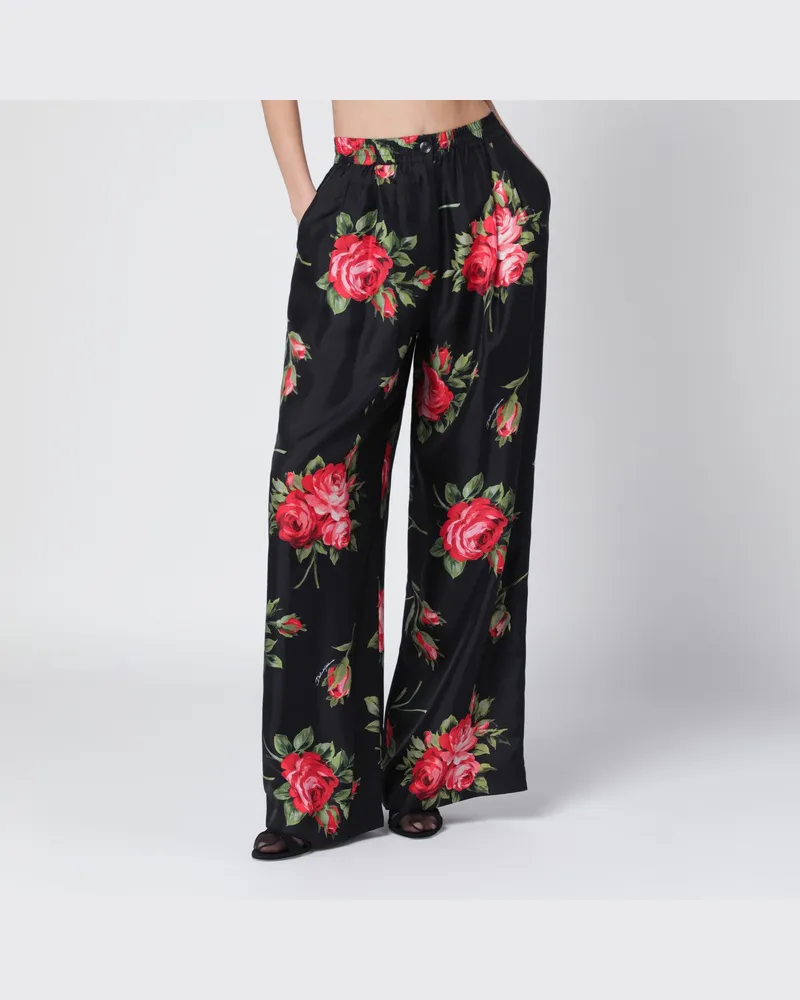 Dolce & Gabbana Weite Twillhose mit Rosenbouquet-Print Multicolor