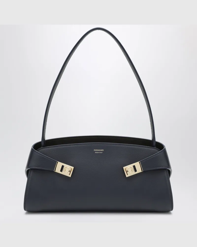 Ferragamo Hug East-West Schultertasche in Marineblau/Dunkelbraun aus Kalbsleder Blue