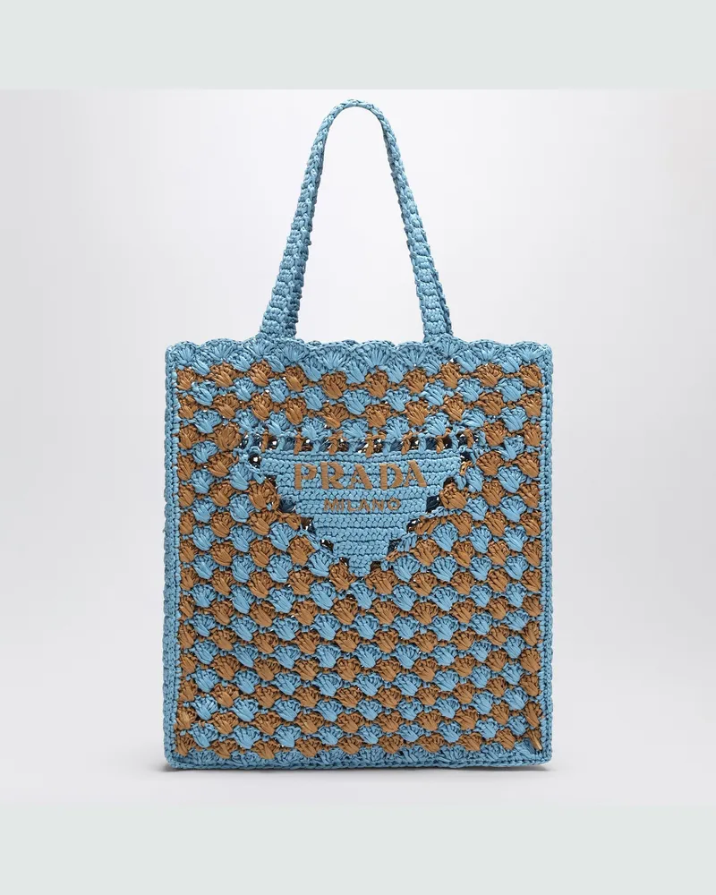 Prada Häkeltasche in Himmelblau/Karamell mit Logo Multicolor