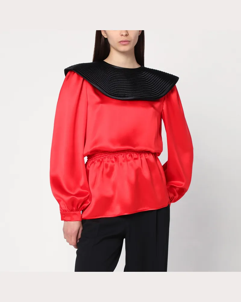 Valentino Garavani Rote Seidenbluse mit schwarzem Kragen Orange