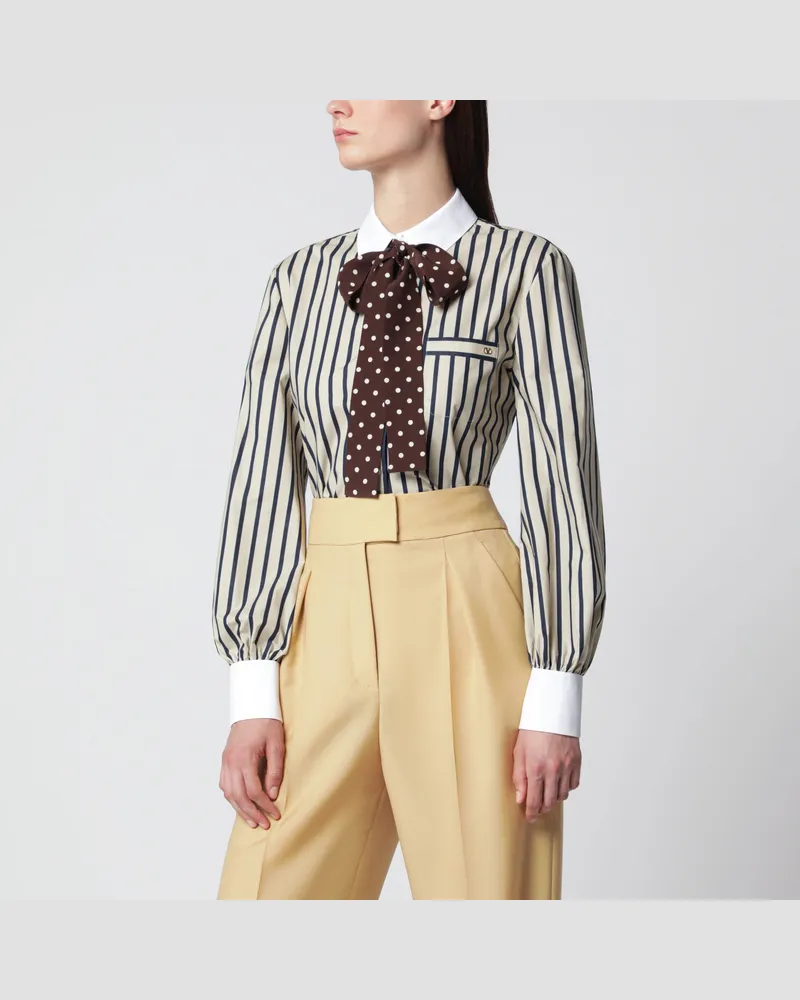 Valentino Garavani Striped cotton shirt with scarf in beige and blue Beige