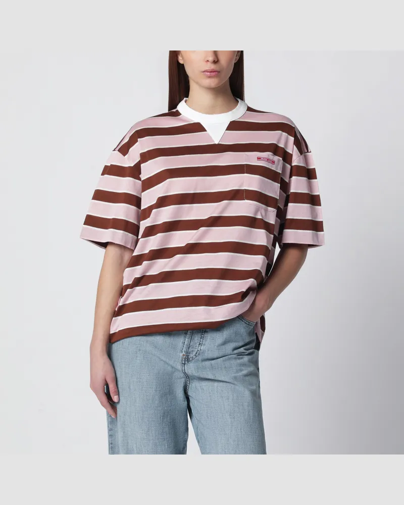 Prada Baumwoll-T-Shirt mit rosa/tabakfarbenen Streifen 