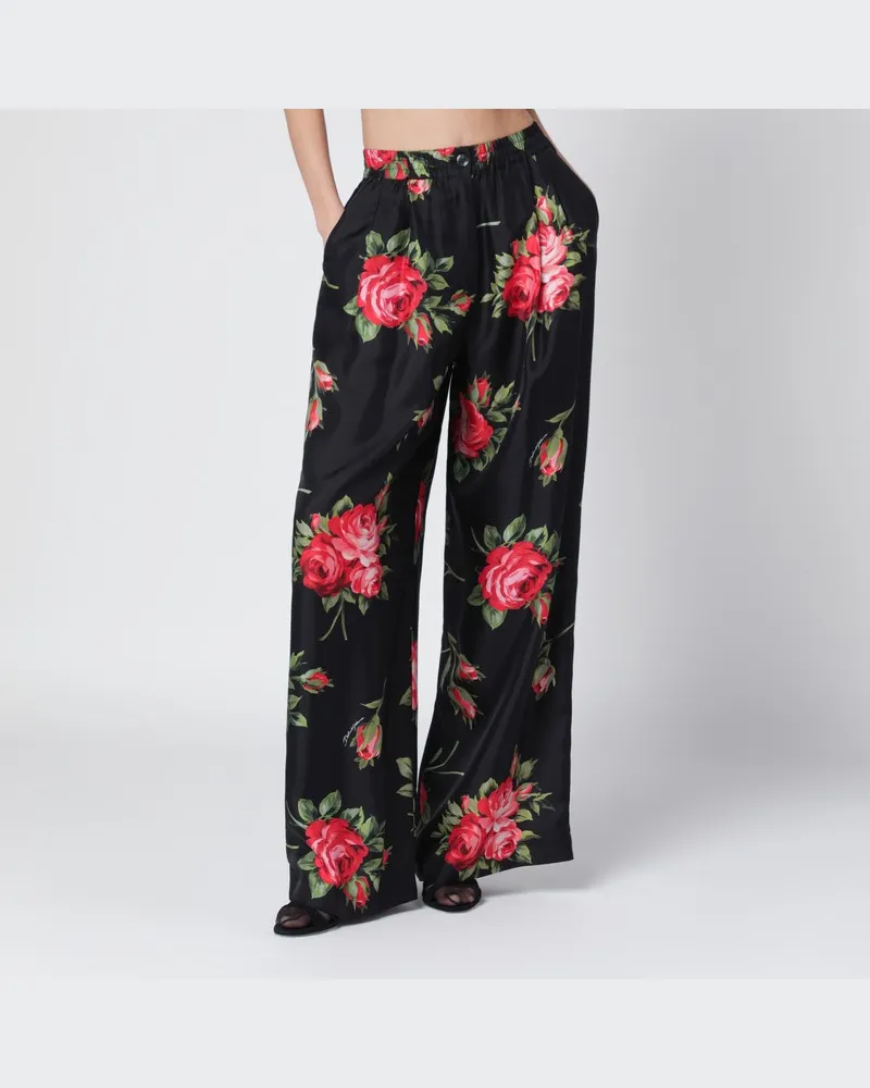 Dolce & Gabbana Weite Twillhose mit Rosenbouquet-Print Schwarz