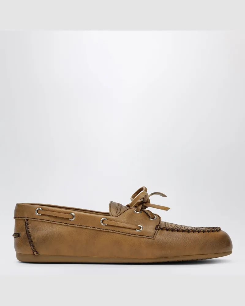 Miu Miu Brown leather boat shoes with embroidery Brown