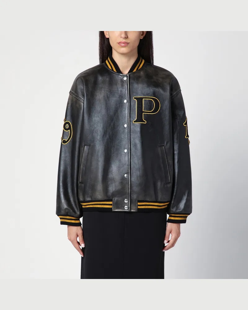 Prada Schwarze Bomberjacke aus Vintage-Leder mit Aufnäher Black