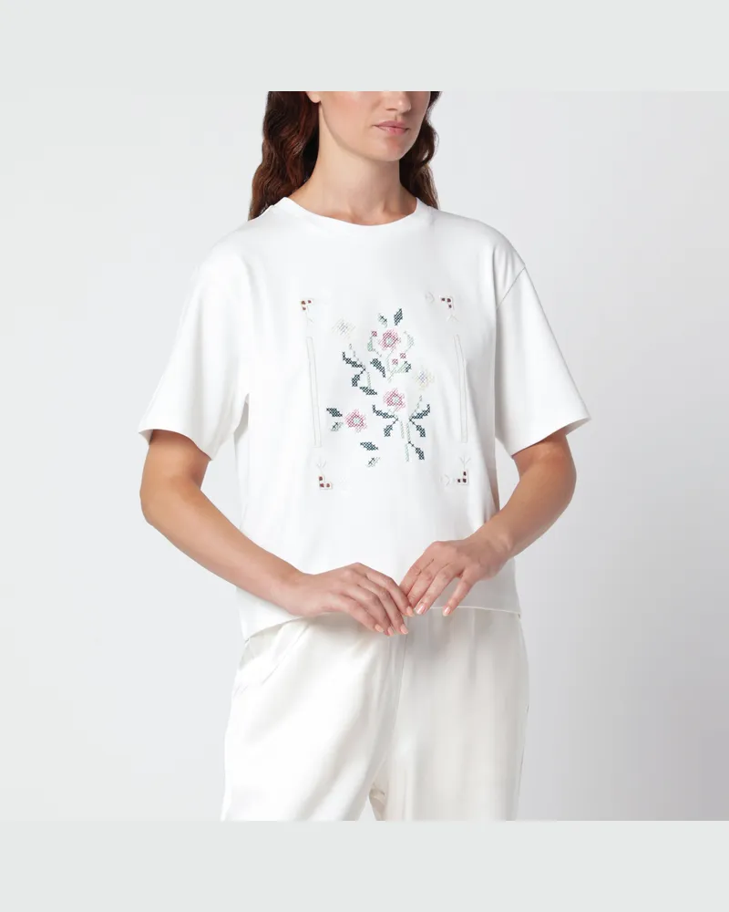 Max Mara Weißes T-Shirt aus Baumwolle mit Blumenstickerei White
