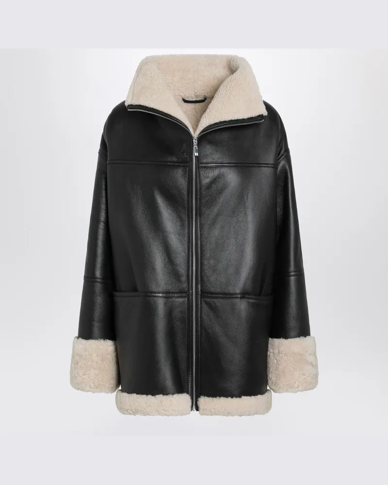 Totême Schwarze Lederjacke mit Reißverschluss und Schaffellfutter Schwarz