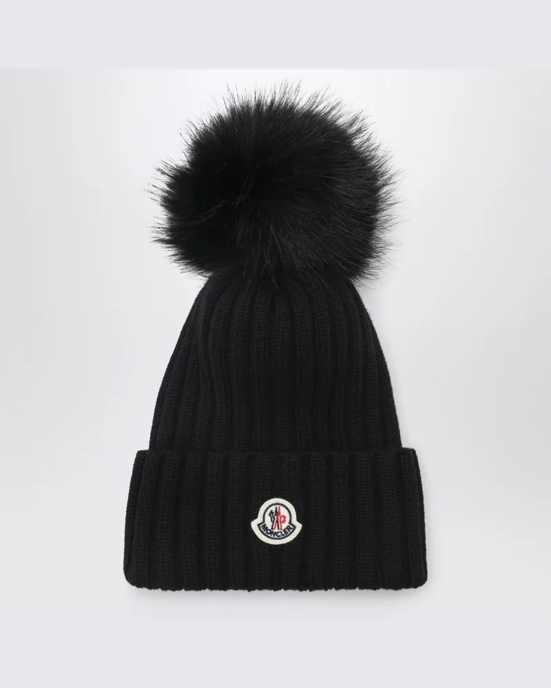 Moncler Schwarze Wollmütze mit Bommel Schwarz
