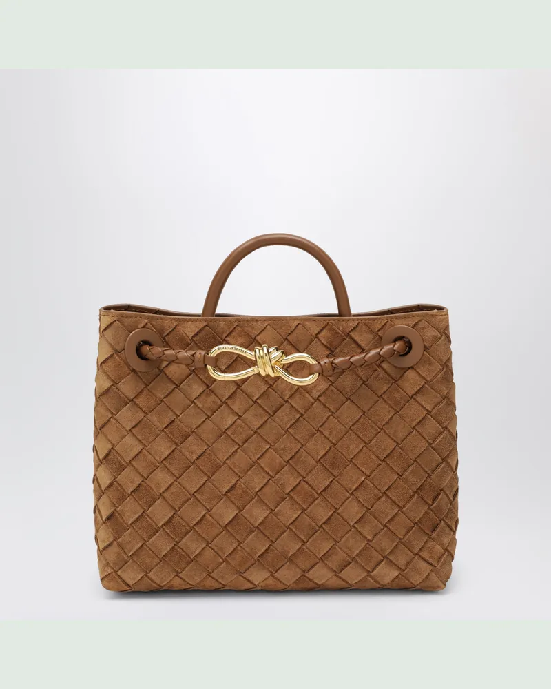 Bottega Veneta Kleine Handtasche Andiamo aus geflochtenem, bernsteinfarbenem Wildleder Brown