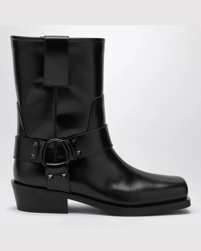 Valentino Garavani Schwarzes Leder Biker Rockstud Stiefel niedrig Schwarz