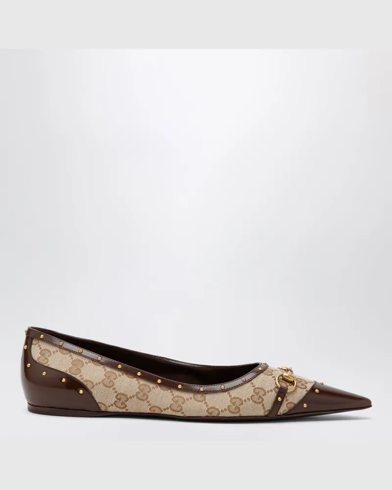 Gucci Savoy Ballerinas aus GG-Gewebe und Leder in Beige Sand/Braun Brown