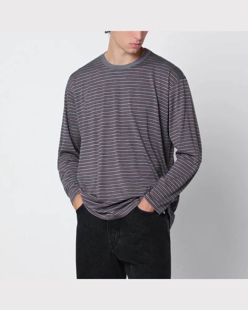 AURALEE Graues gestreiftes T-Shirt aus Wolle Grey