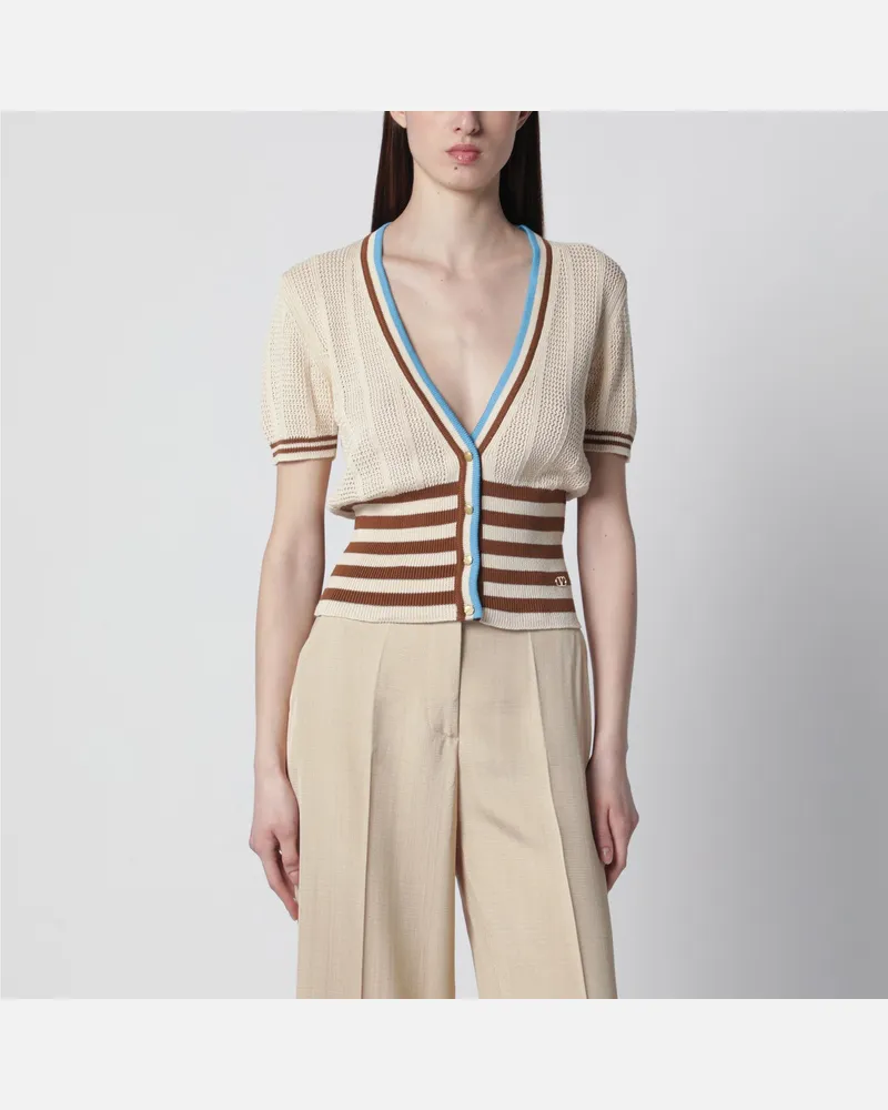 Valentino Garavani Durchbrochene gestreifte Baumwollstrickjacke Beige