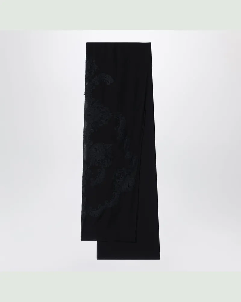 Dolce & Gabbana Schwarzer Seidenschal mit floraler Stickerei Black