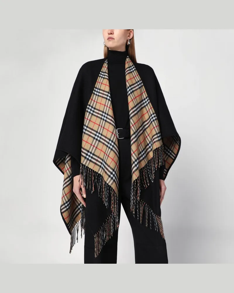 Burberry Schwarzer Wollponcho mit Check-Muster Schwarz