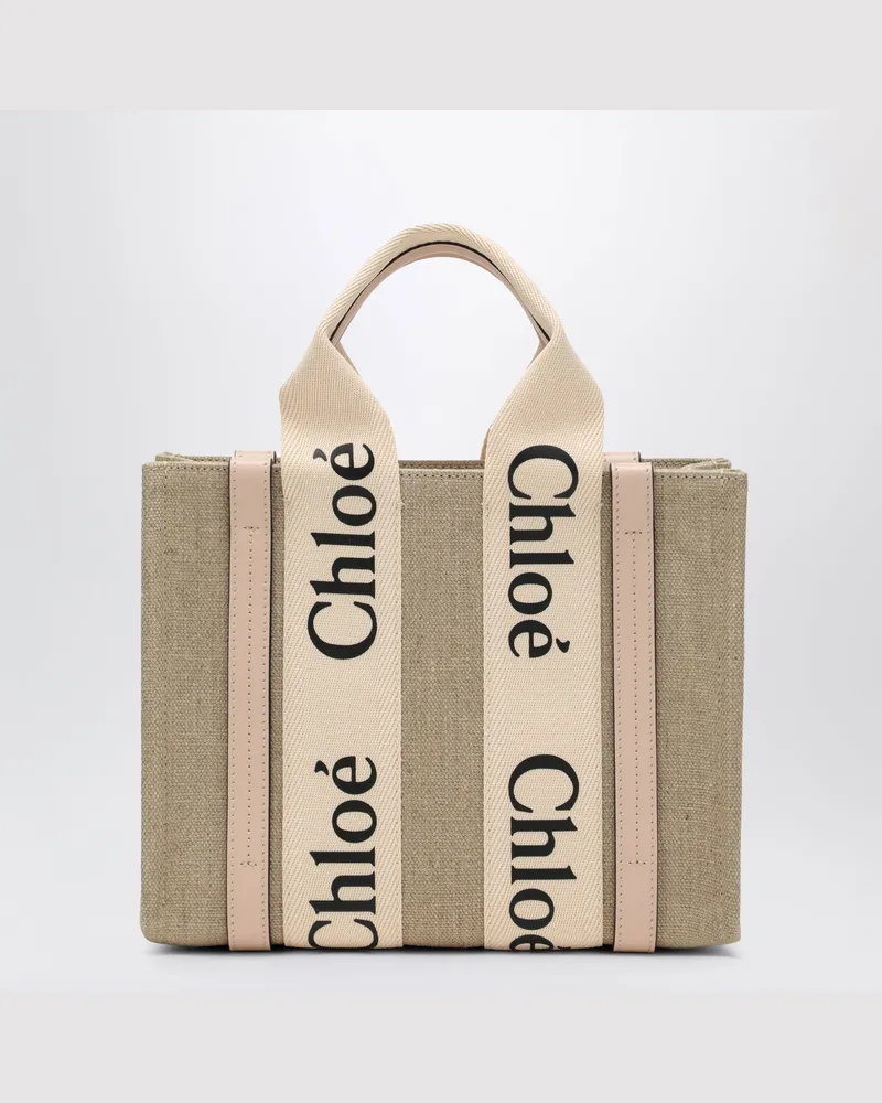 Chloé Kleine Woody-Tasche aus beigem Leinen Pink