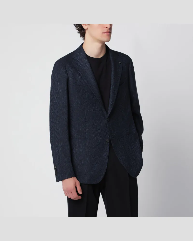Tagliatore Blaue Einreiherjacke mit Fischgrätenmuster Blue