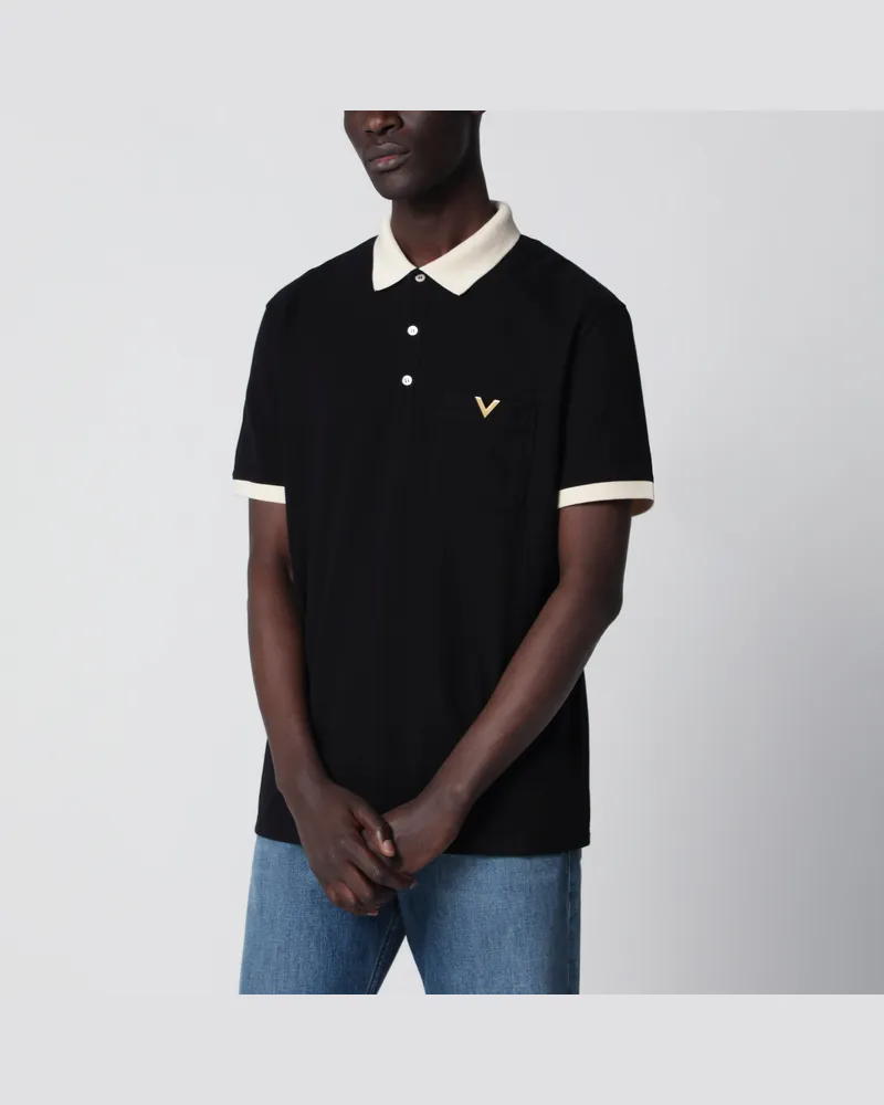 Valentino Garavani Schwarzes Poloshirt aus Baumwollpiqué mit Vgold Black