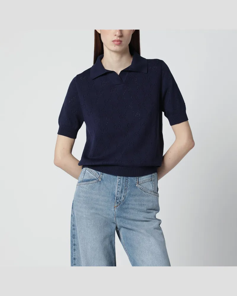 Gucci Blaues Poloshirt aus Baumwolle und Seide in Pointelle-Optik mit GG-Motiv 