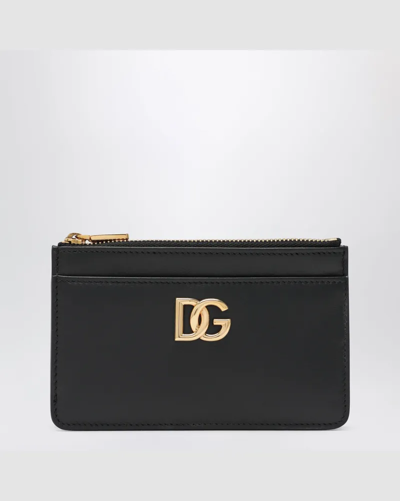 Dolce & Gabbana Schwarzes Kartenetui mit Reißverschluss aus Leder mit DG-Logo Black