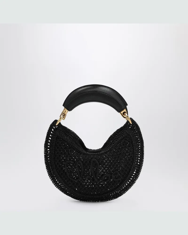 Chloé Mini Hobo Summer Banana Tasche aus schwarzem Häkelmaterial mit Lederdetails Black
