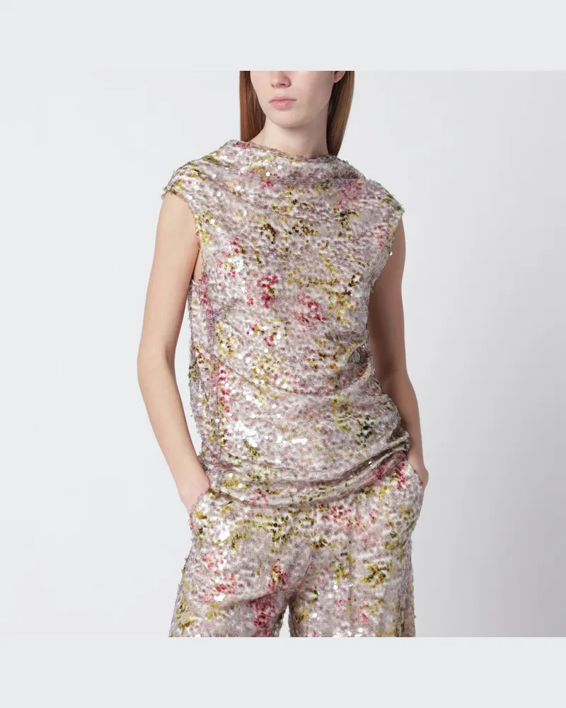Alberta Ferretti Ärmelloses Top mit Pailletten und floralem Muster mit Stehkragen Multicolor