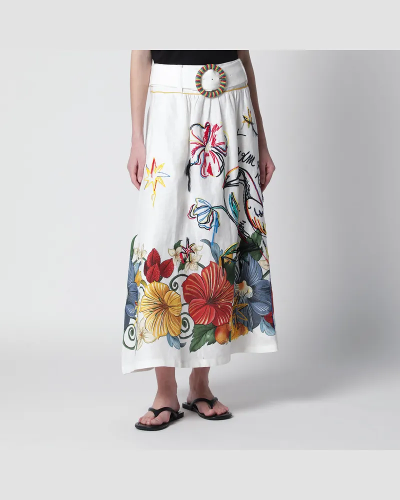 FARM Rio Weißer Leinenrock mit tropischen Stickereien Multicolor