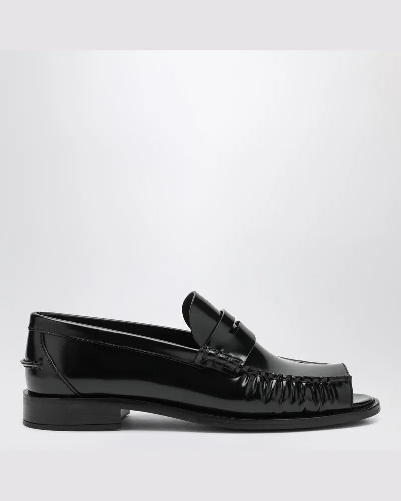 Prada Schwarze Loafer aus gebürstetem Leder mit Peeptoe Black