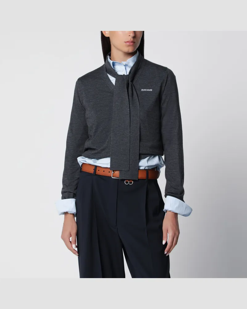 Miu Miu Anthrazitfarbene Strickjacke aus Wolle mit Schal Grey