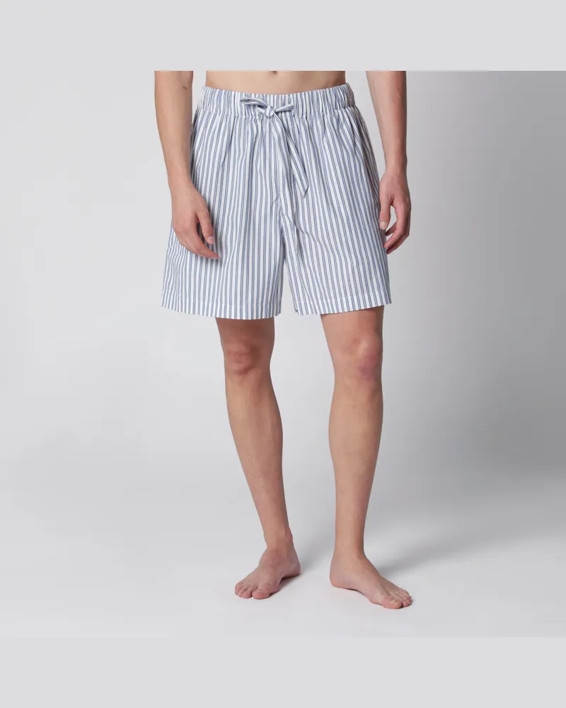 TEKLA Weiß/Hellblau gestreifte Pyjama-Shorts Blue
