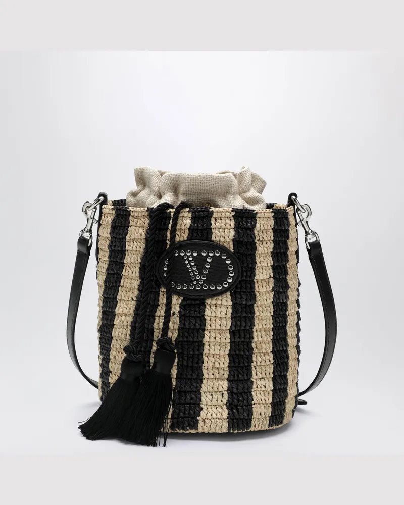 Valentino Garavani Kleine Bucket-Bag aus Raffia mit beige- und schwarzen Streifen Beige